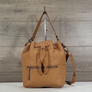 Fossil Tan Leather Drawstring Bucket Bag
